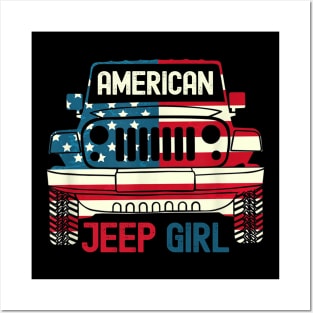 American Jeep girl Usa Flag Jeep Posters and Art